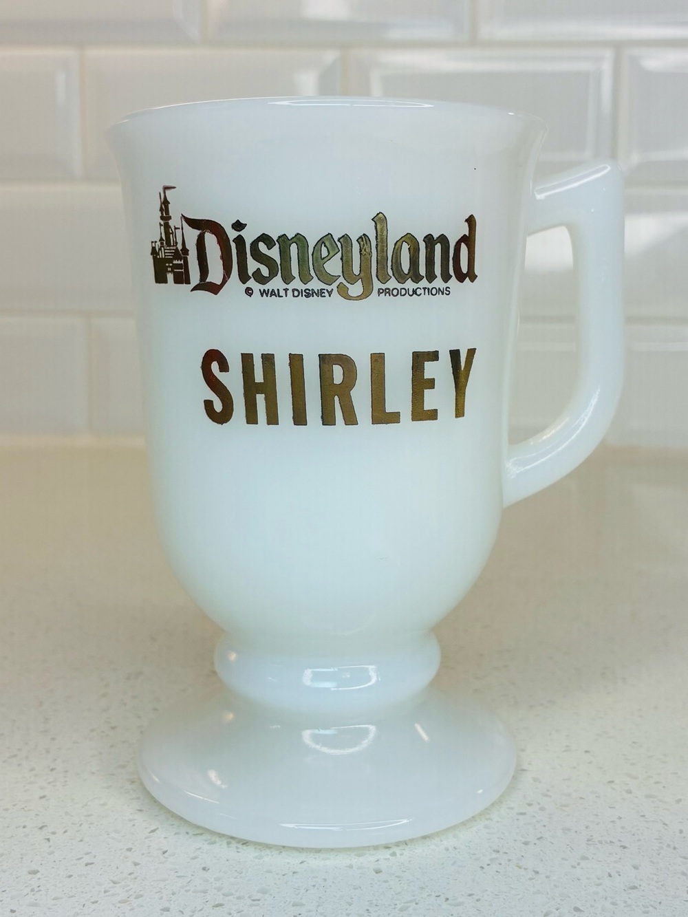 Vintage Disneyland Milk Glass Personalized Mug “Shirley” Used, Good